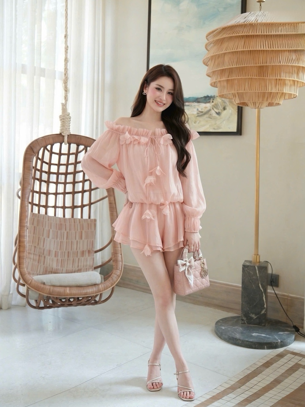 Chiffon Off-Shoulder Pink Romper with Ruffle Detail